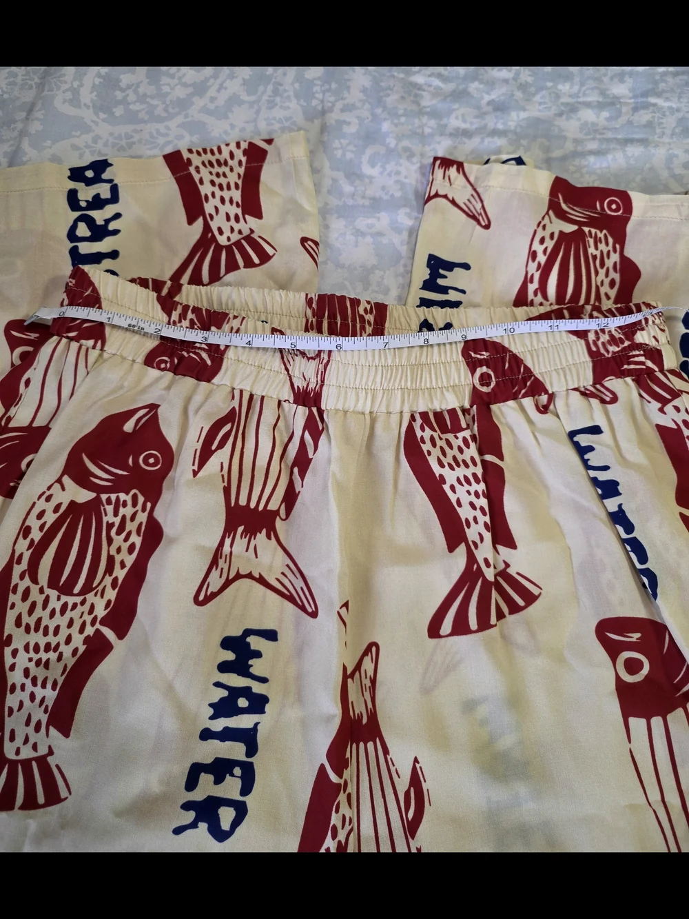 Like New Cream Pants with Red Fish Print, Feels Like Linen